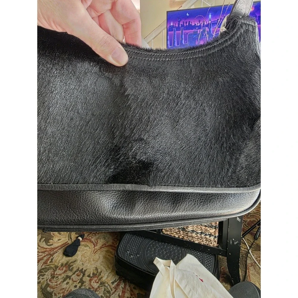 Isabella Fiore Black Haircalf Leather  Hobo Style Small Shoulder Bag Purse Y2K